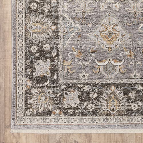 8 x 11 ft. Gray & Blue Oriental Power Loom Stain Resistant Rectangle Area Rug with Fringe