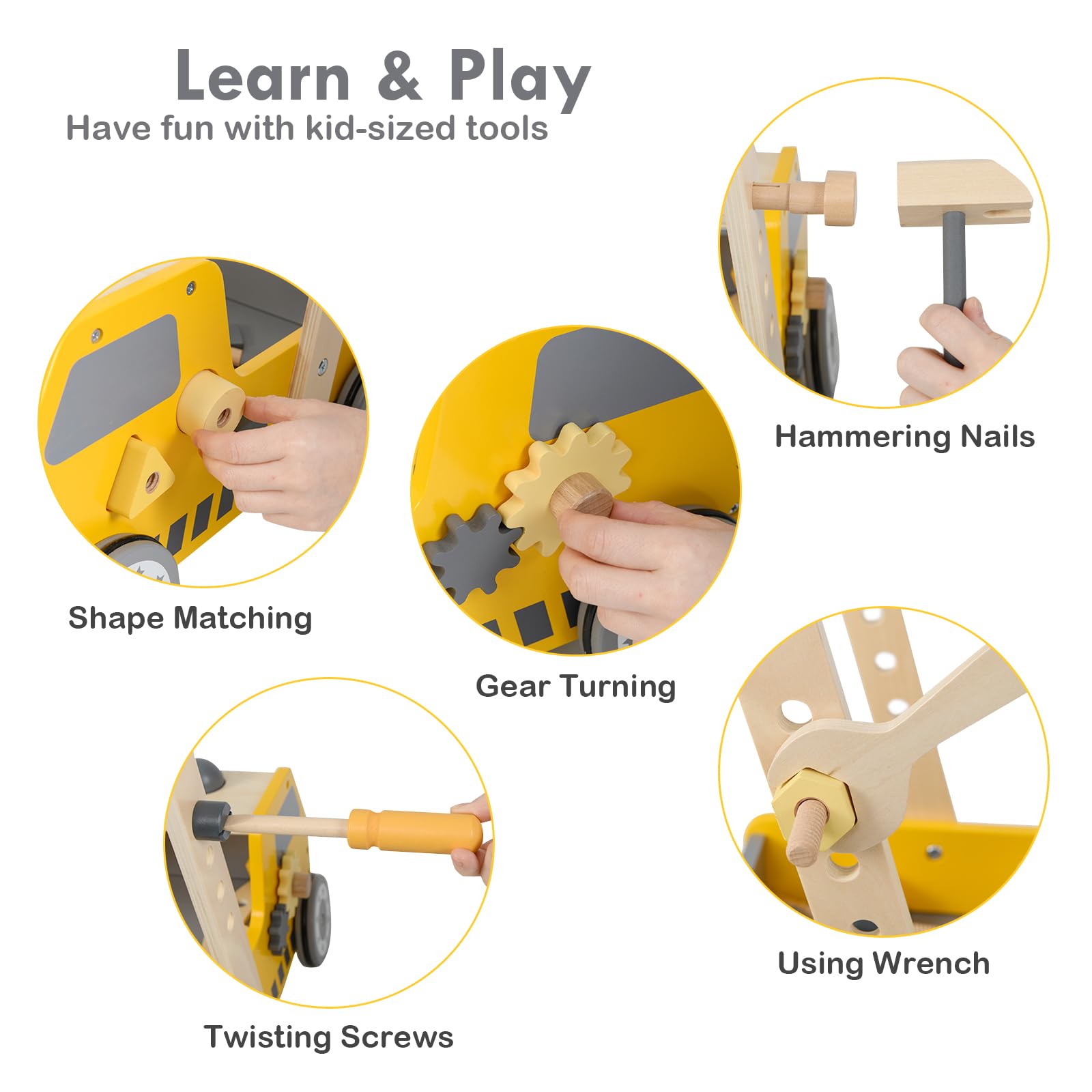 LIFEZEAL Girello, in Legno, Girello per Bambini, con 4 Ruote, Primi Passi per Bambini con Giocattoli Montessori, Baby Walker a Forma di Camion, Carrellino con Banco da Lavoro per Bimbi, Giallo