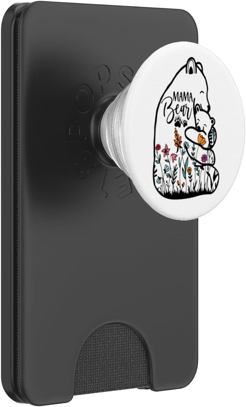 Black Mama Bear Hugging 1 Cub in Wildflowers Pretty Mom PopSockets PopWallet for MagSafe