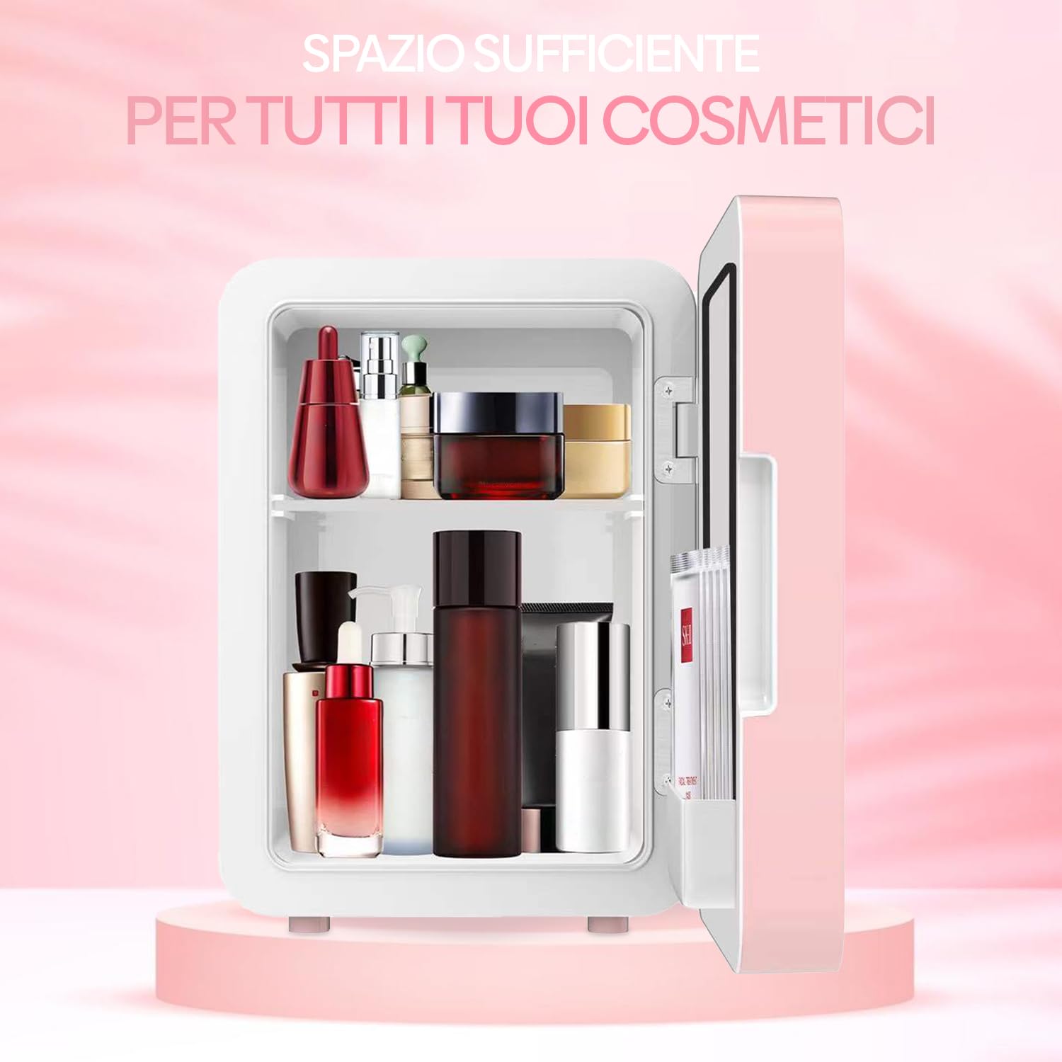 Olvy Frigorifero Cosmetico 4 Litri, Mini Frigo Portatile con Specchio LED, Piccolo Frigo per Cura della Pelle, Raffreddamento e Riscaldamento per Camera, Rosa