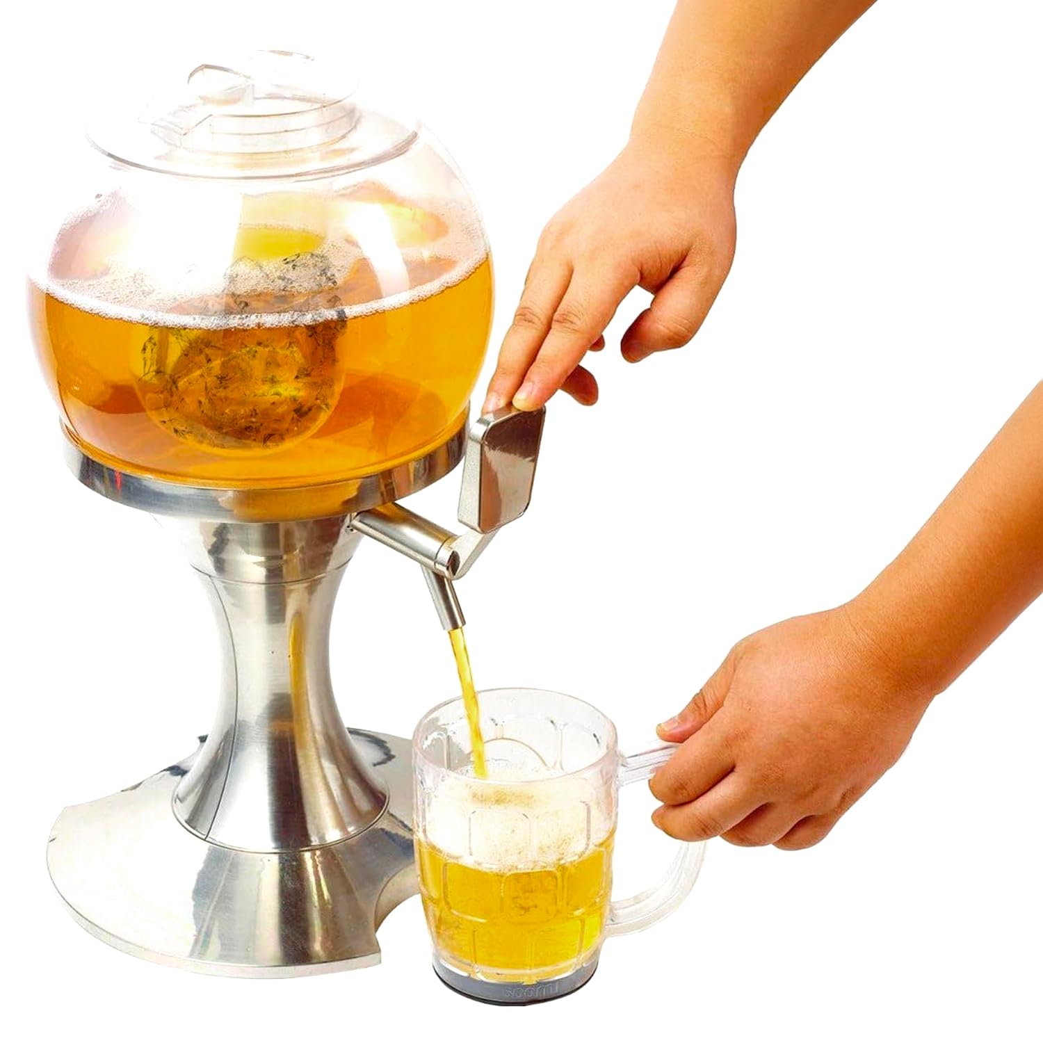 Spillatore Birra Refrigerato - Dispenser per Bevande 3.5L, Adatto per Feste ed Eventi, con Scompartimento per Ghiaccio, in Acrilico, 24x24x42 cm, Argento