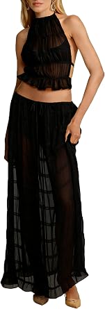 Womens Y2k Maxi Skirt Set Backless Lace Halter Crop Top and Long Skirt Sets Beach Cocktail Club Dress 2 PCS Outfit