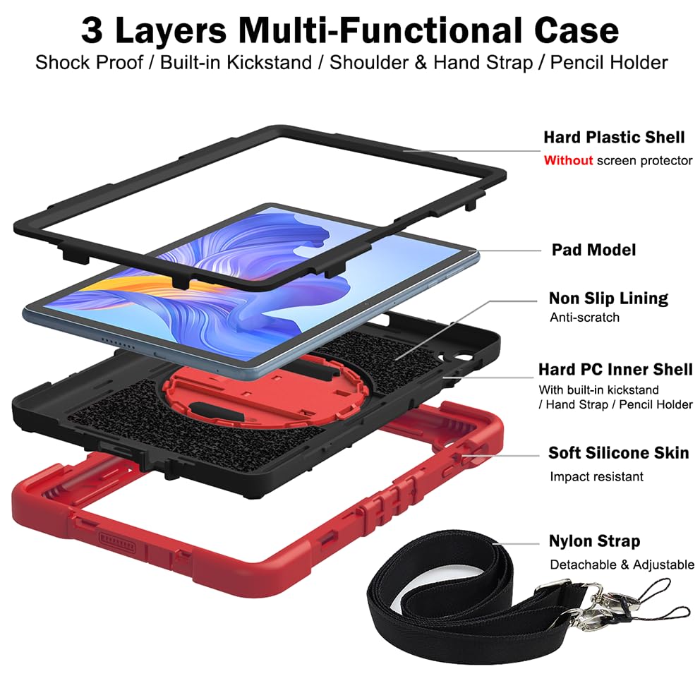 Etui na tablet Honor Pad X8 AGM3-W09HN 25.7 cm, etui na tablet, odporne na wstrząsy, z obrotowym stojakiem o 360° i paskiem na nadgarstek, pasek na ramię, duże, czerwone + czarne