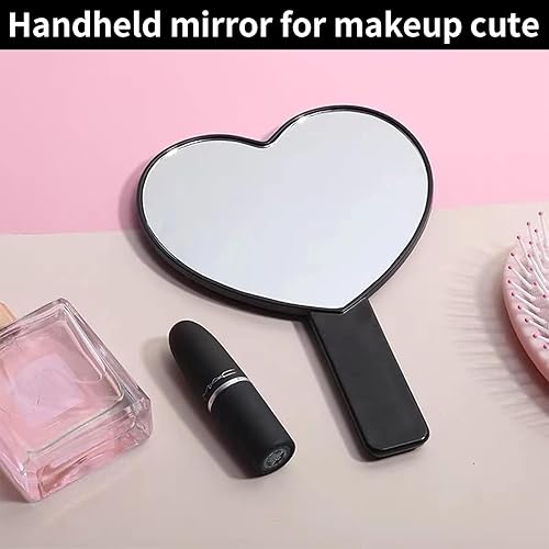 Miniatura 5 de Espejo de mano de viaje en forma de corazón, espejo de mano cosmético con mango (negro, 1 unidad)