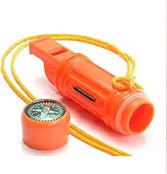 Kit de Sobrevivência 4 em 1, Apito de Emergência com Bússola, Pederneira e Espelho Sinalizador, Laranja, para Camping, Trilhas e Situações de Emergência