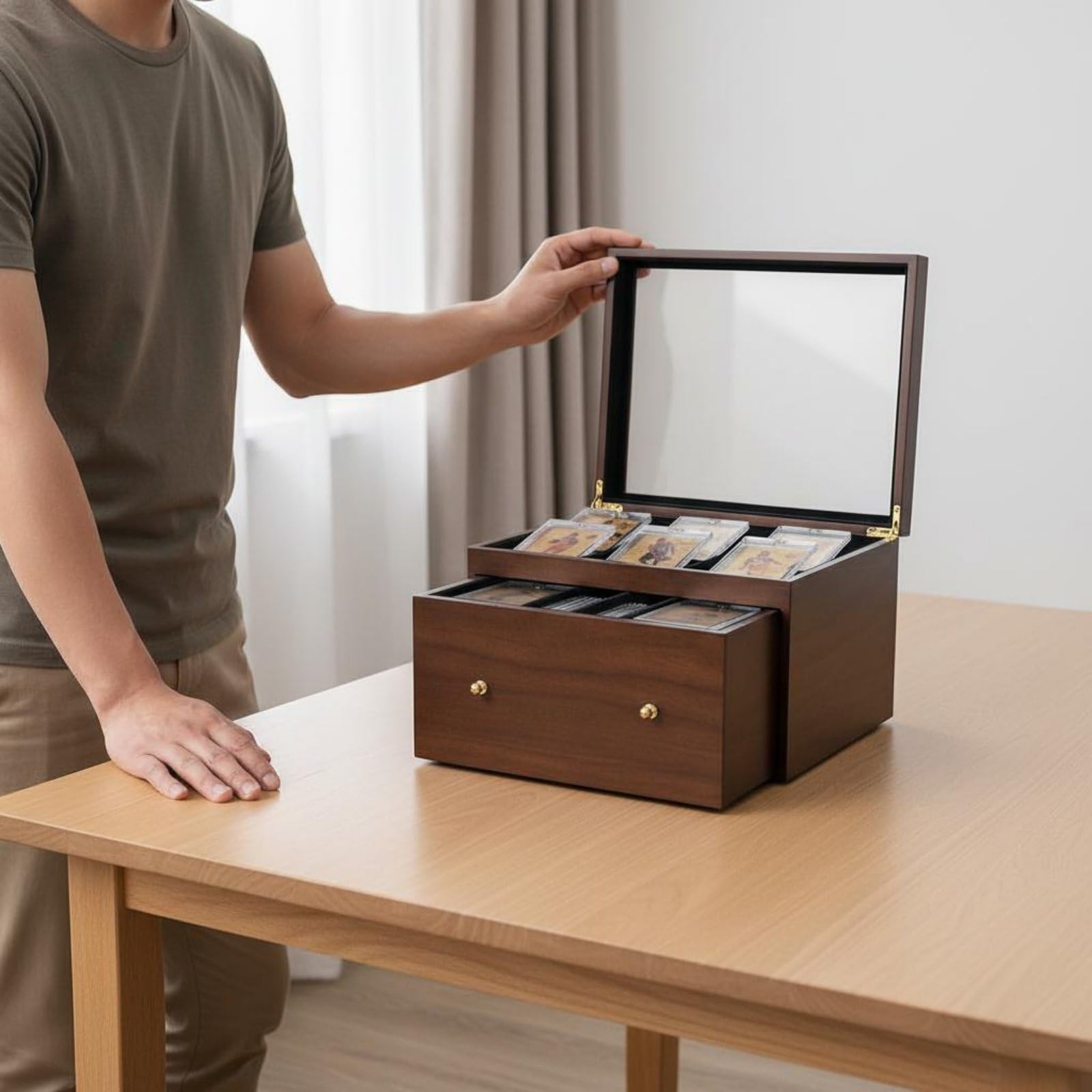 harayaa Vitrina para Cartas Caja Expositora Estuche Organizador de Madera Maciza con Tapa de Vidrio y Interior Acolchado Doble Compartimento y Cajón, Negro