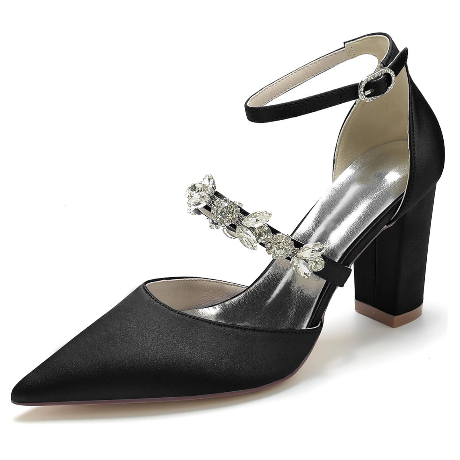 Zapatos de Novia Gruesos de Diamantes de imitación para Mujer Zapatos de tacón con Correa de Tobillo Sandalias de Vestido de Fiesta de Novia de Negocios de Punta Cerrada