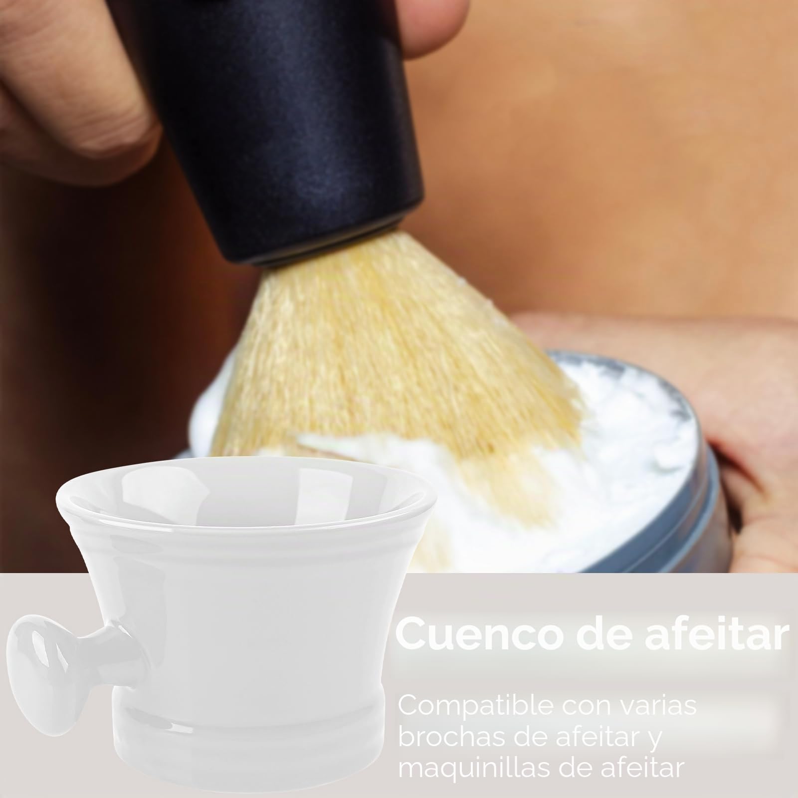 Linkidea taza de afeitado de cerámica grande con asa, cuenco profundo para espuma, para hombres afeitado en húmedo, recipiente resistente para jabón (blanco)