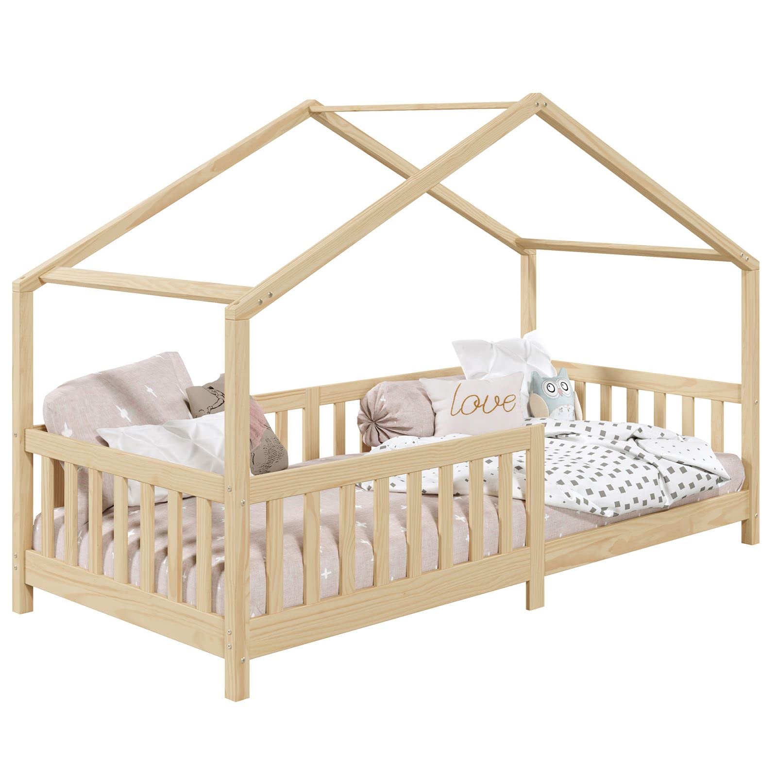 IDIMEX Lit cabane Enfant 90x190 cm LISAN lit Simple Montessori avec Barrières de Protection en Bois Massif Finition Naturelle
