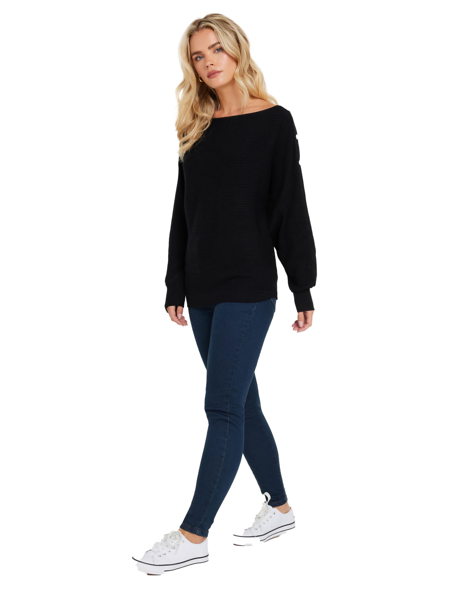 M&Co Women's Black Petite Button Sleeve Ribbed Jumper