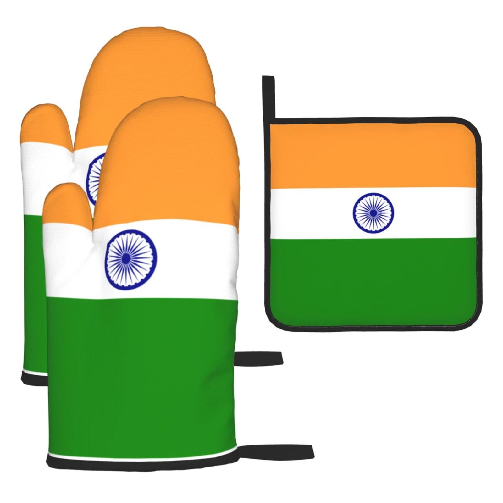 Indian flag Oven mittens and oven mitts three-piece set suitable for oven, grilling, baking, microwave and home cooking.