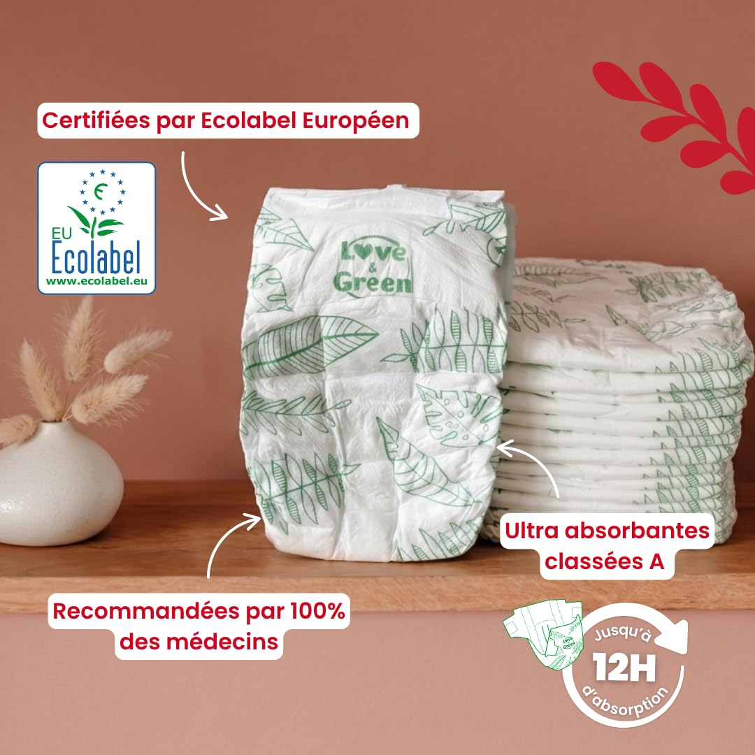 Love & Green - Zdrowe i ekologiczne pieluchy dla niemowląt - Rozmiar 4 (7-14 Kg) - Opakowanie 1 miesiąc (184 pieluchy) - chłonne, nieprzeciekające i bez niepożądanych składników