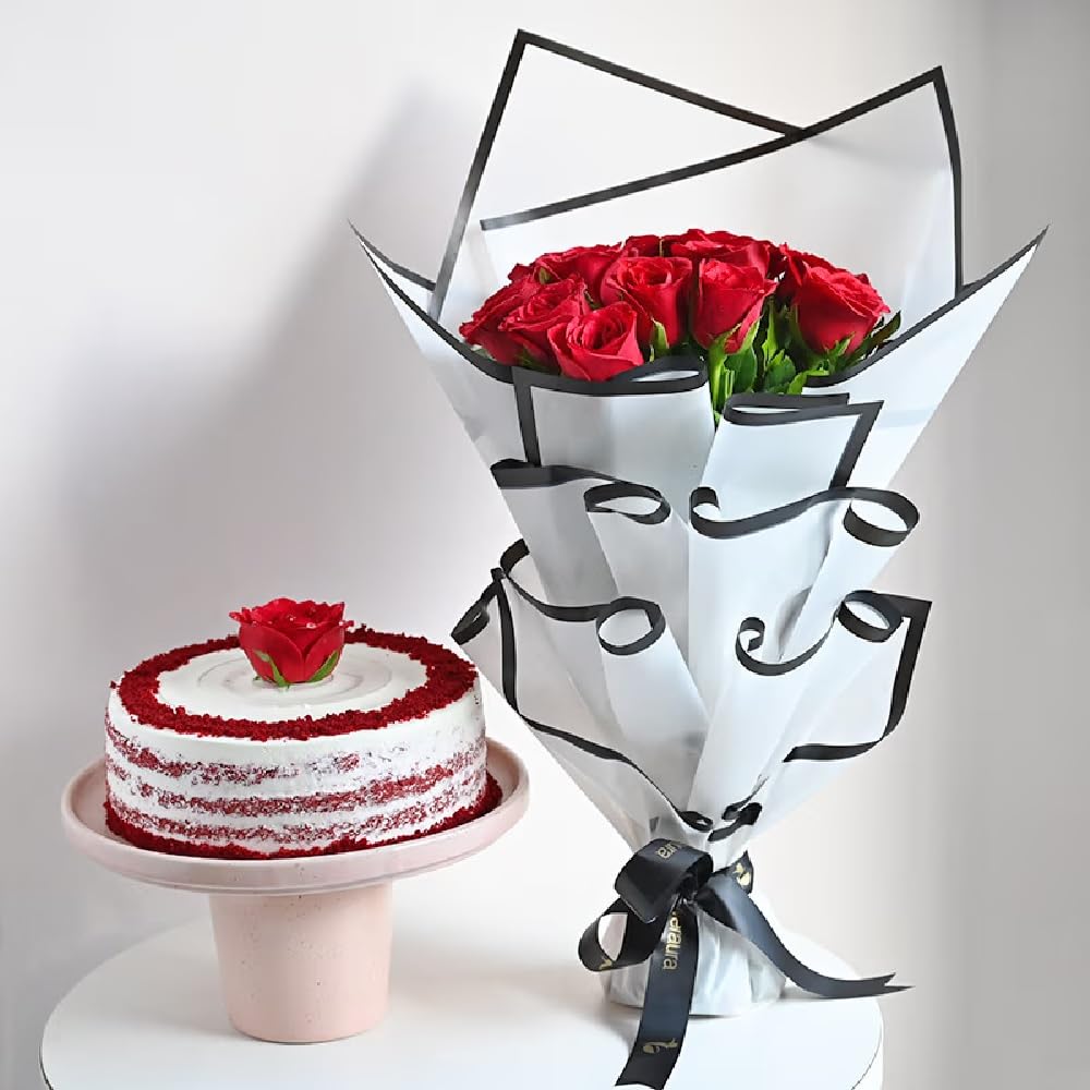 FlowerAura Delicious 500g Red Velvet Rose Cake With Fresh Live 12 Red Rose Flowers Bouquet For Valentine's Day Gift, Birthday Gift, Anniversary Gift, Women's Day, Mother's Day Gift (Same Day Delivery)