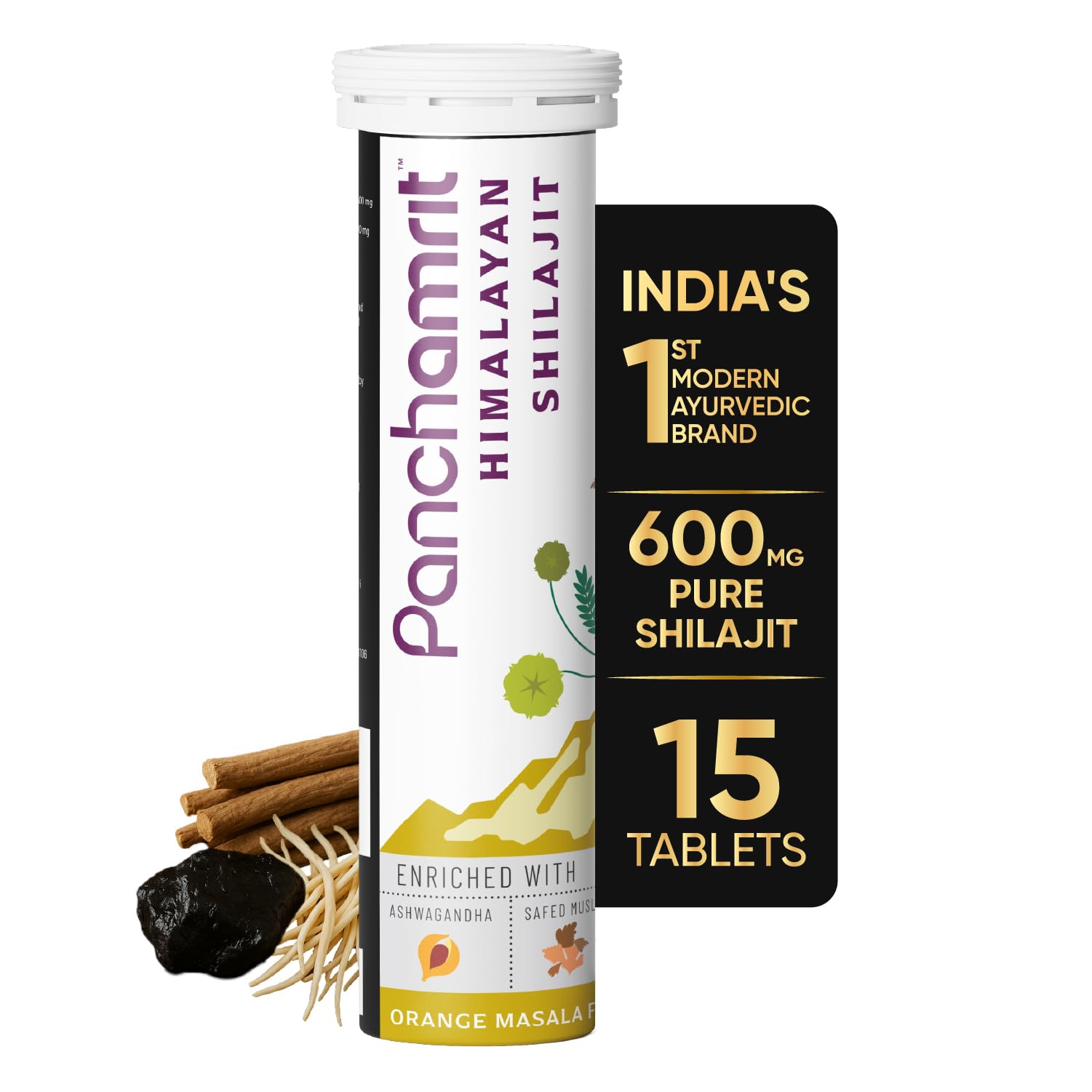 Panchamrit Pure Himalayan Shilajit Effervescent Tablets | 600mg Shilajeet Supplement for Men & Women | Stamina & Energy Booster | 100% Ayurvedic | Ashwagandha, Safed Musli |15 Tablets, Pack of 1