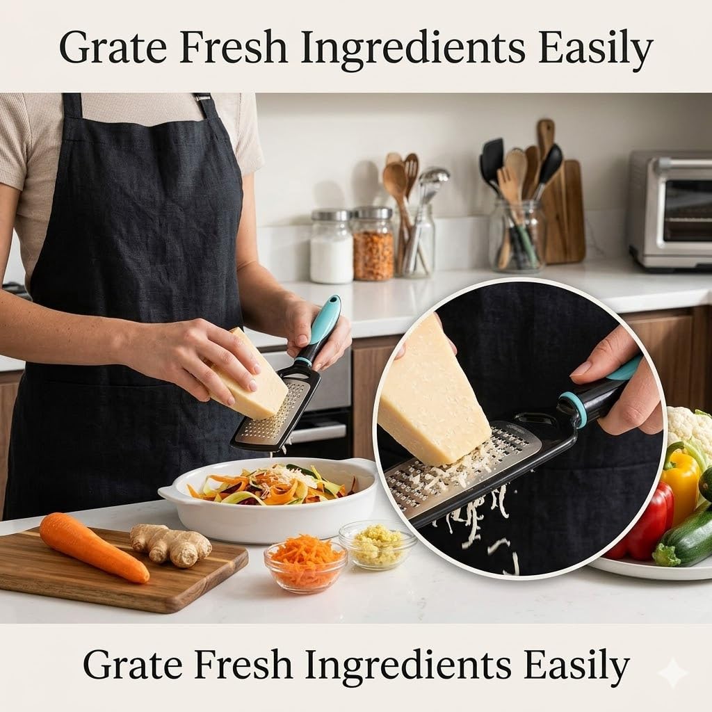 SIGNAMIO® Hand Kadukas Cheese Grater and Vegetable Shredder for Kitchen Stainless Steel Ginger Crusher, Carrot Grater, Garlic Slicer with Protective Cover (Sky Blue) 4
