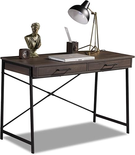 Caffoz Escritorio para computadora de escritura en casa con 2 cajones de almacenamiento marco de metal estable roble ahumado