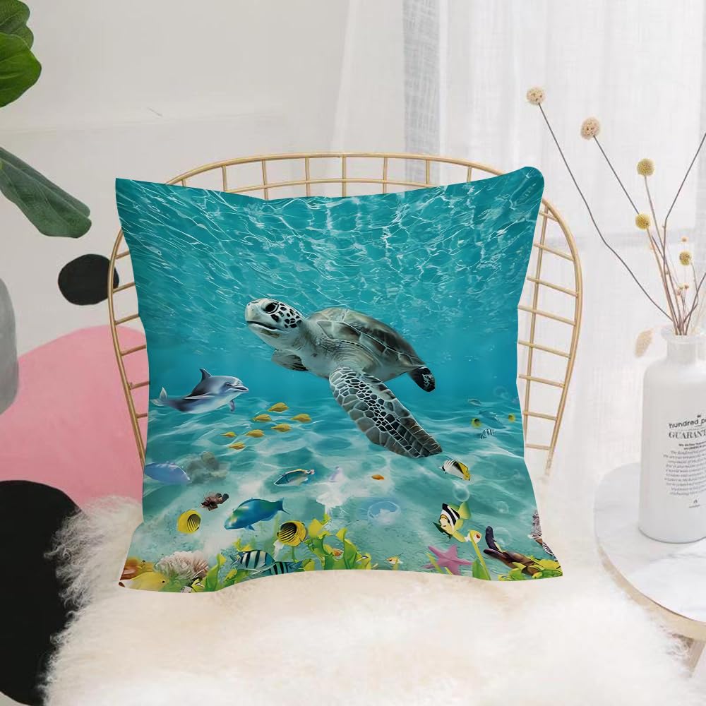 HYMSXW Cushion Cover,Throw Pillow Case Home Decorative for Living Room Bedroom Sofa Chair 20X20 Inch,Colorful coral reef with many fishes and sea turtle.,Pillowcase 50X50cm