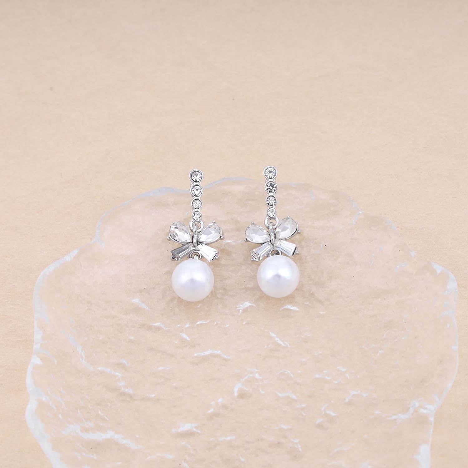 Andelaisi Boho Crystal Bow Tie Earrings Vintage Bow Pearl Earrings Silver CZ Bow Stud Earrings Butterfly Knot Pearl Dangle Earrings Jewelry for Women - Image 6