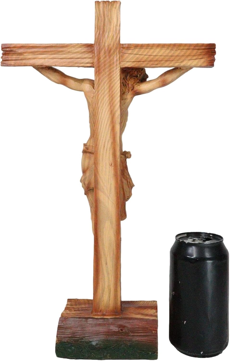 Ebros Large 15.25" Tall Jesus Christ With Crown Of Thorns Crucified On The Cross Desktop Plaque Statue Crucifix Crosses Sculpture in Faux Oak Wood Like Finish Resin Catholic Christian Home Decor