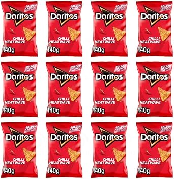 Doritos Tortilla Chips Snack Sharng Bags – Bold Crunch, Iconic Taste | Crispy Flavoured Chips Variety of Flavor | Party, Movie Night Crisps (Chilli Heatwave 140g - Pack 12)