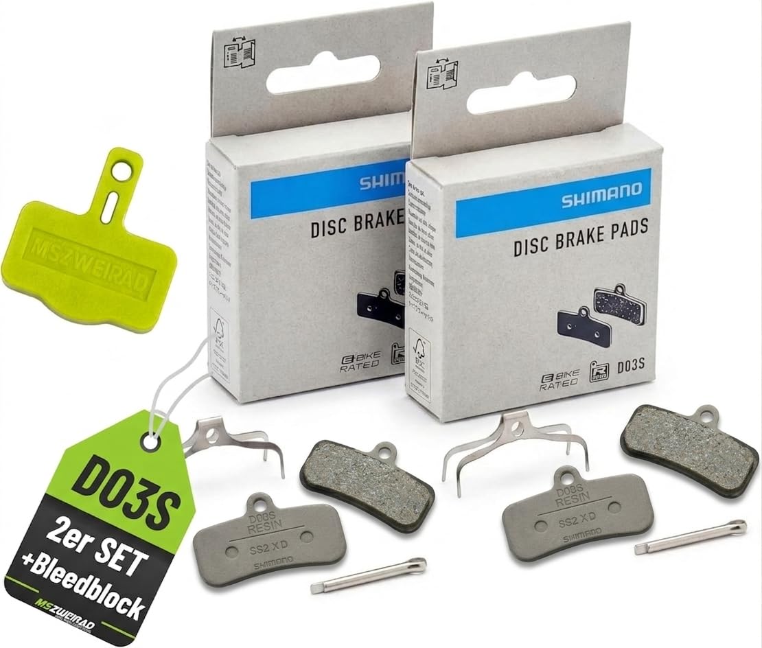 2er Set Shimano Bremsbeläge D03S (Doppelpacks) kompatibel mit BR-MT420, MT520, M6120, M8020, M8120 u.v.m. – inkl. MSZweirad Bleed Block – Resin Disc Brake Pads
