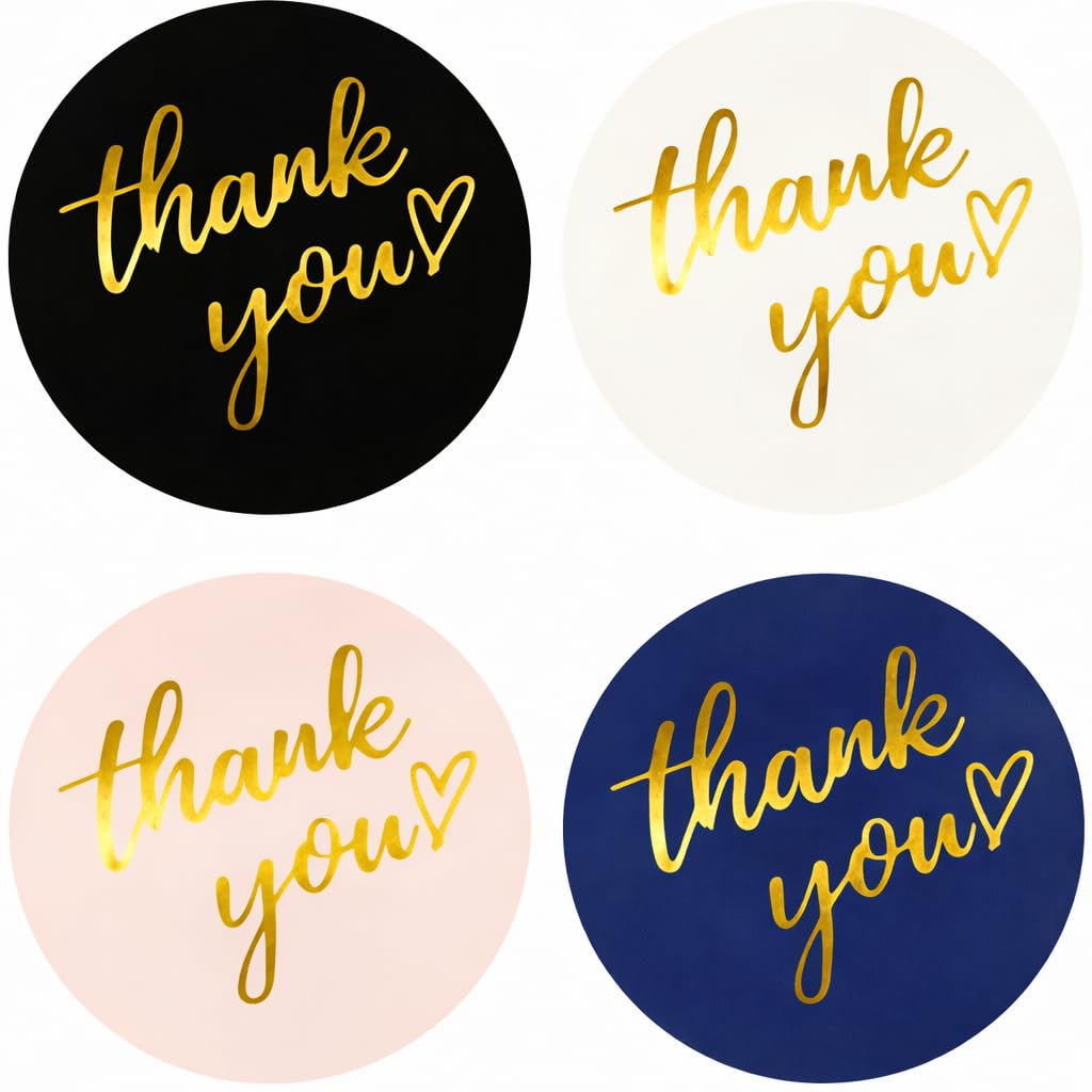 500 PCS Thank You Stickers Roll – 1.5 Inch Round Gold Foil Stickers with Heart Design, 4 Colors (Black, White, Pink, Navy) for Small Business Packaging, Envelopes, Gift Bags, Shipping Boxes