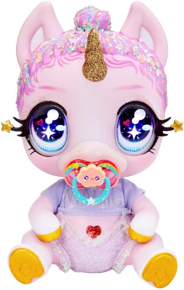 MGA Entertainment Glitter Babyz Jewels Daydreamer Unicorn Baby Doll with Magical Color Changes, Lavender Glitter Hair, “Magic” Outfit, Diaper, Shampoo Bottle, Pacifier Accessories Gift, Ages 3 4 5+