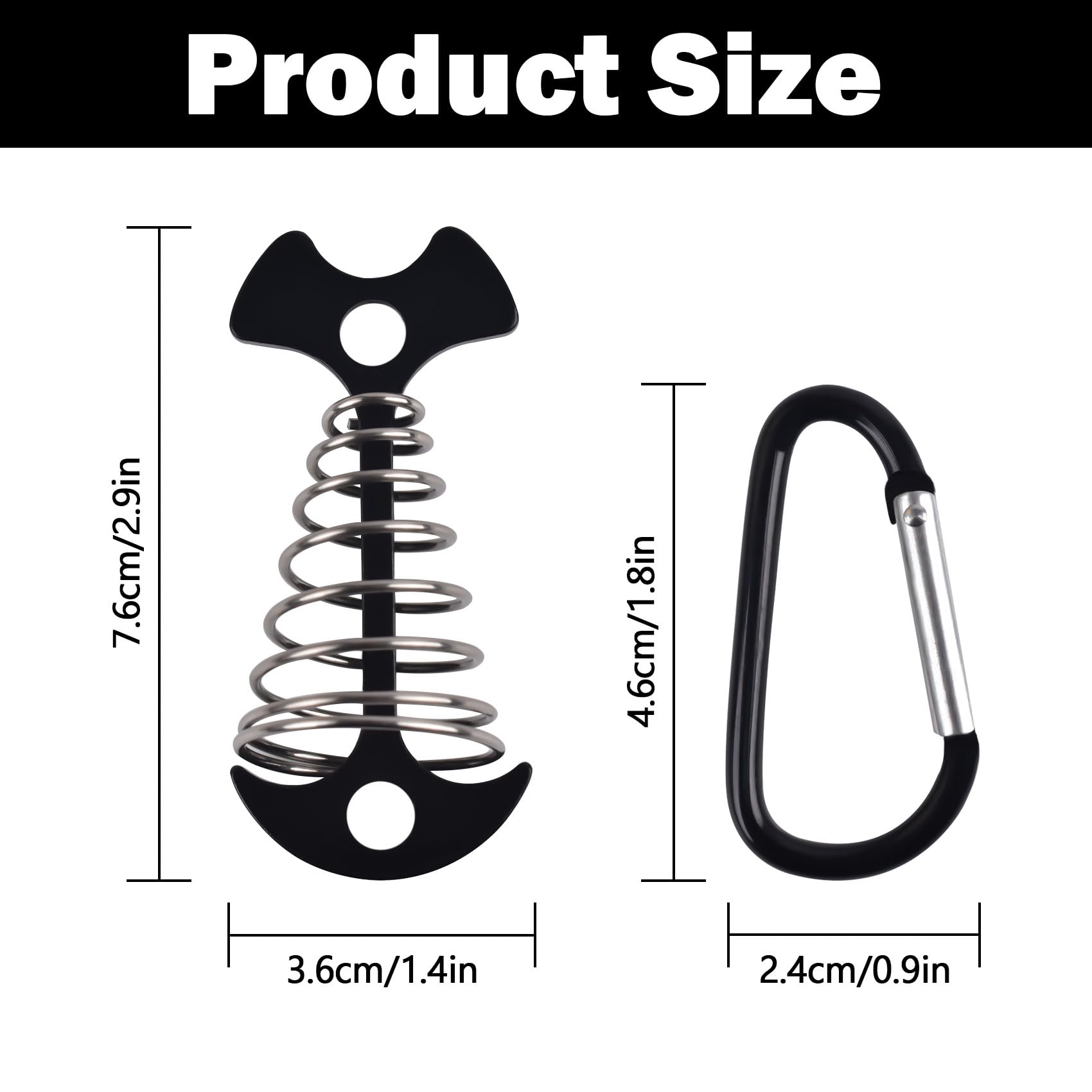 Deck Anchor Pegs with Carabiner Clip 10PCS, Fishbone Tent Pegs Camping Accessories, Windproof Deck Anchors with Spring Buckle for Outdoor Camping, Outdoor Gallery Road, (Black)