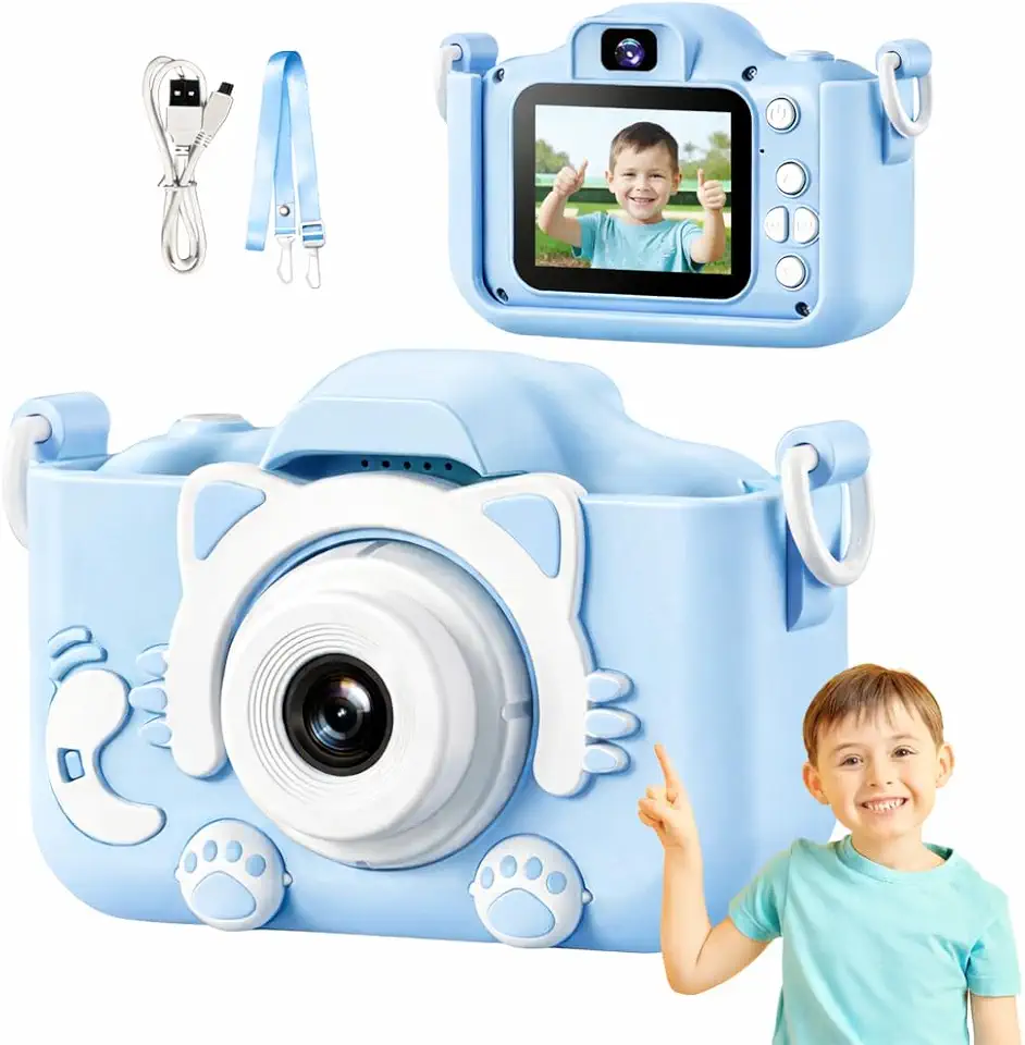 Câmera Digital Infantil Gatinho Azul 20MP Full HD com Tela LCD, Jogos e Gravação de Vídeo – Portátil, Recarregável e Antichoque – Presente Educativo para Crianças 4 a 12 Anos