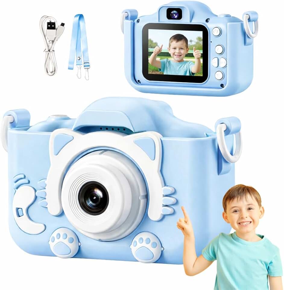 Câmera Digital Infantil Gatinho Azul 20MP Full HD com Tela LCD, Jogos e Gravação de Vídeo – Portátil, Recarregável e Antichoque – Presente Educativo para Crianças 4 a 12 Anos