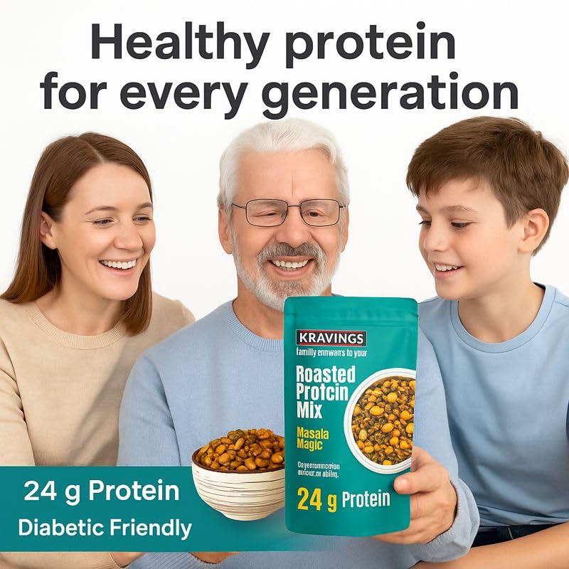 Image of Kravings Roasted Protein Mix Namkeen | High Protein 48g per 200g Each | Masala Flavor | Healthy Low-Calorie Snack with Pumpkin Seeds & Flax Seeds | Diabetic-Friendly Mix of 7 Roasted Pulses (Pack of 2) | High Protein 48g per 200g Each | Masala| Healthy with Pumpkin Seeds & Flax Seeds | Diabetic-Friendly Mix of 7 Roasted Pulses