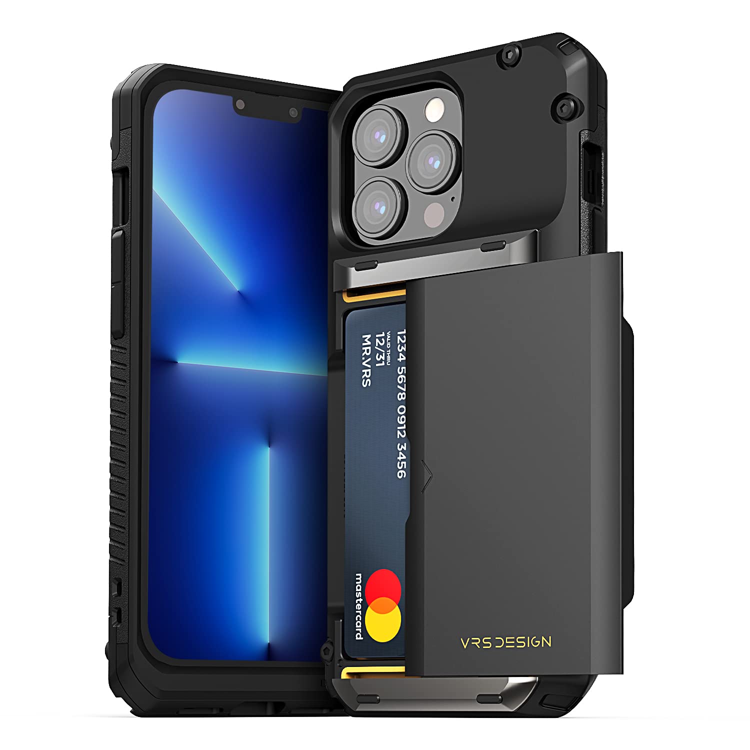 VRS DESIGNDamda Glide Pro for iPhone 13 Pro, Sturdy Semi Auto Wallet [4 Cards] Case Compatible for iPhone 13 Pro Case (2021) Black