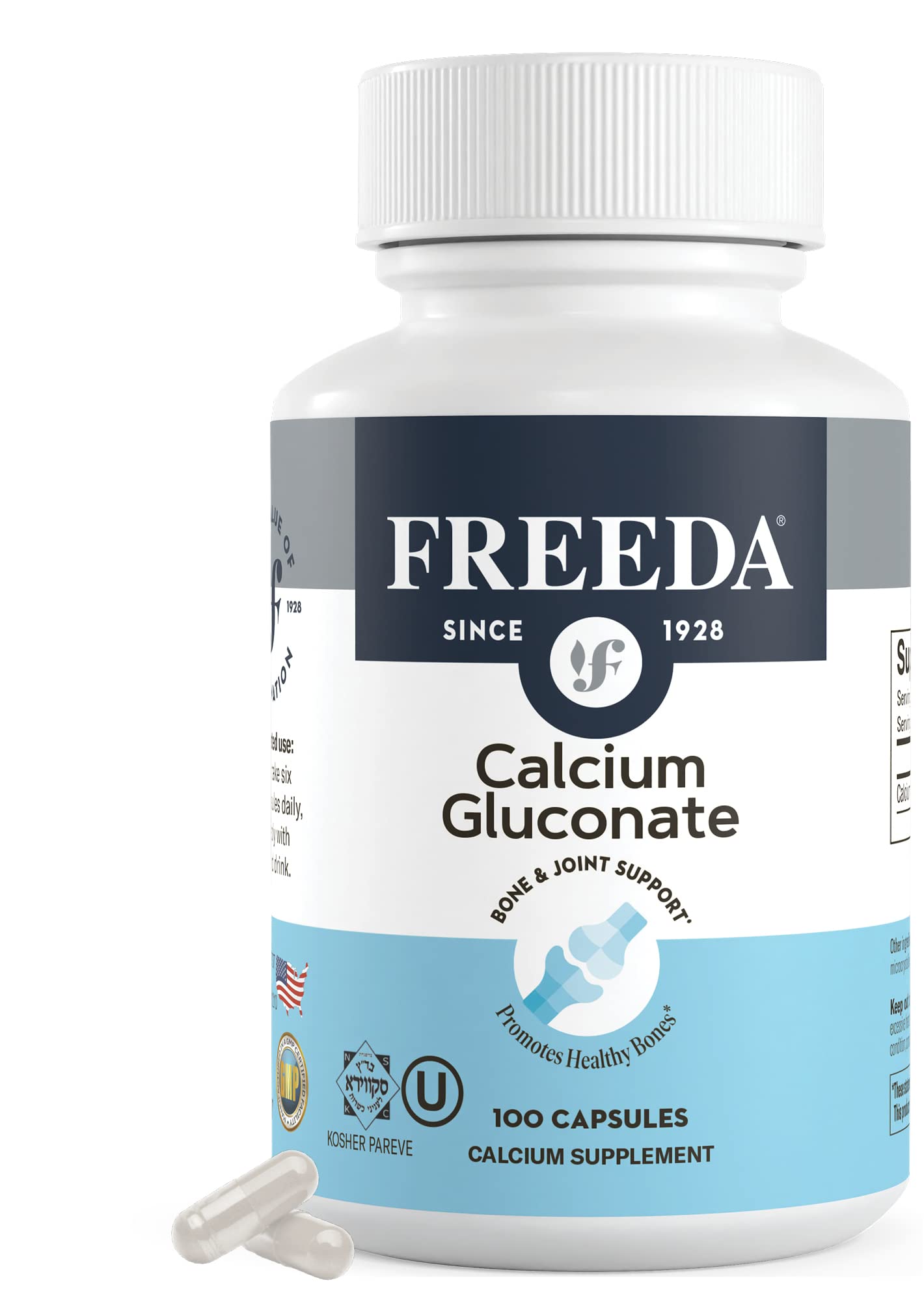 Freeda Calcium Gluconate – Kosher Vegan Calcium Supplement – Easy to Digest & Absorb – Supports Bone Strength – Pure Calcium Without Vitamin D – (100 Capsules)