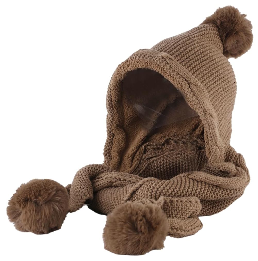 CaissipHood Hat Scarf 2 in 1 Hooded Scarf for Women Winter Warm Beanie Hat with Faux Fur Pompom Fuzzy Knitted Hat Scarf Set