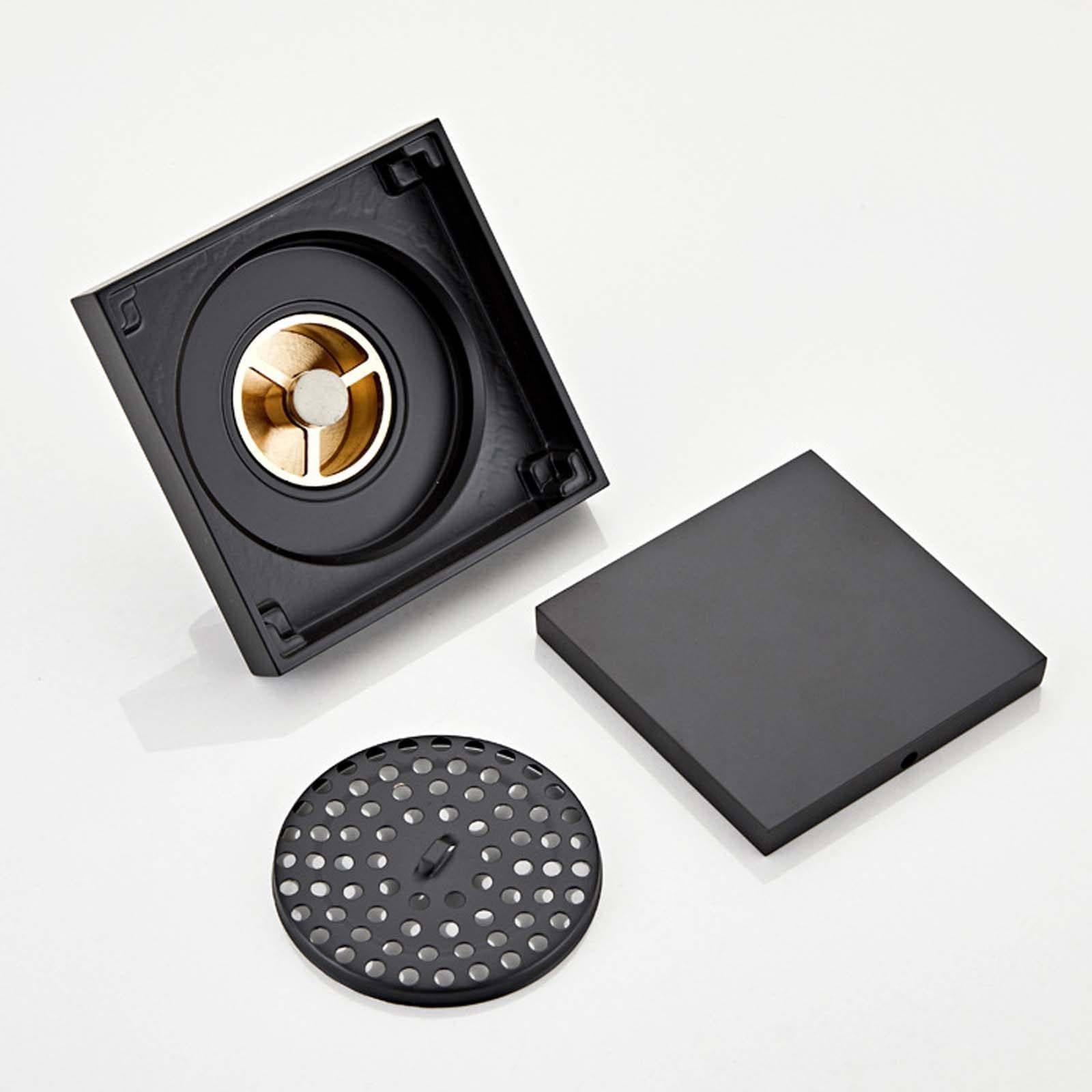 Bonde Douche Laiton Siphon Douche Noir Bonde de Douche 10 cm * 10 cm Bonde Douche Extra Plate Cacher Siphon de Sol avec Noyau Rebondissant Convient pour Un Diamètre de Tuyau ≥5 cm