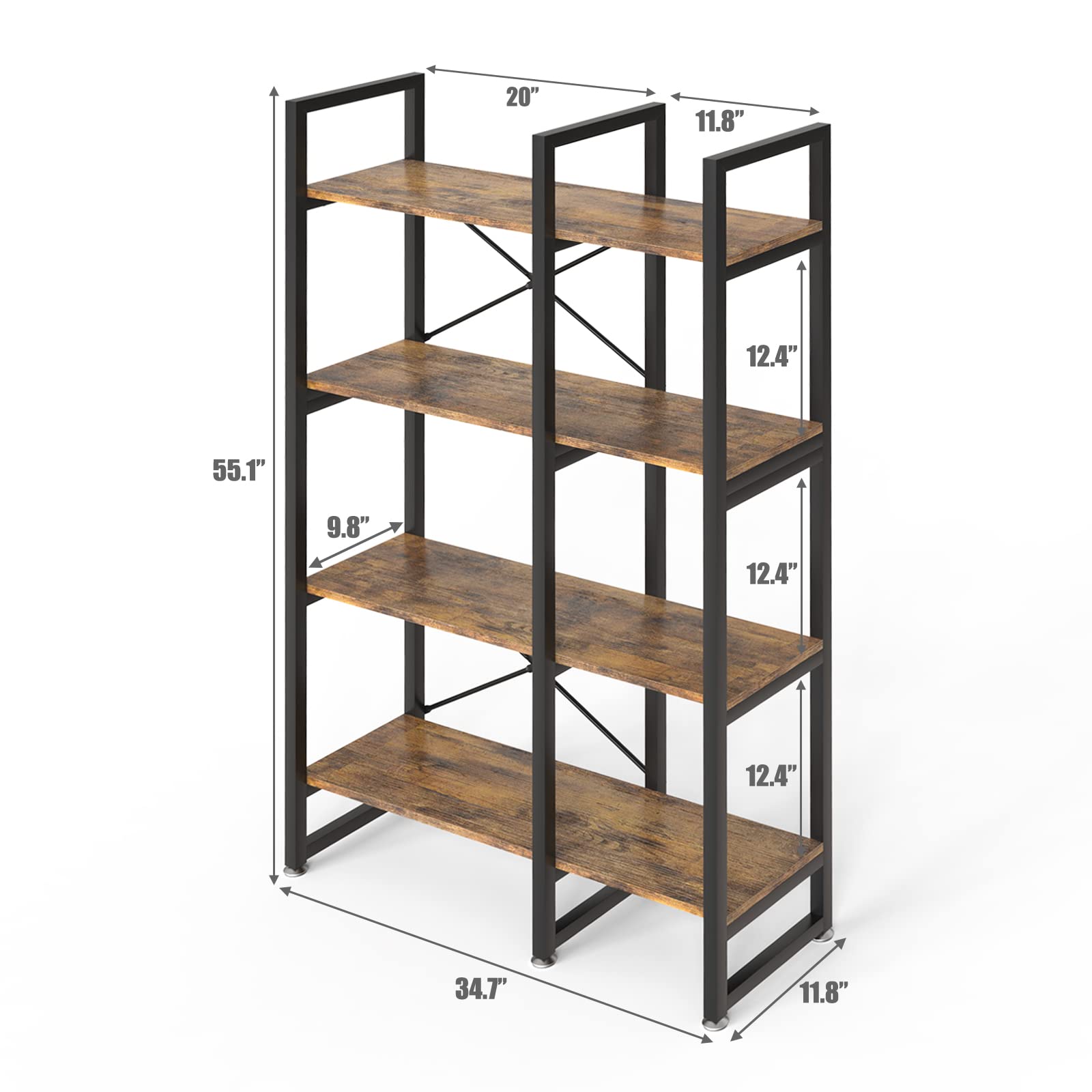 Etagere - Libreria industriale rustica a 4 ripiani, con struttura in metallo, per soggiorno, camera da letto, casa, ufficio, marrone rustico