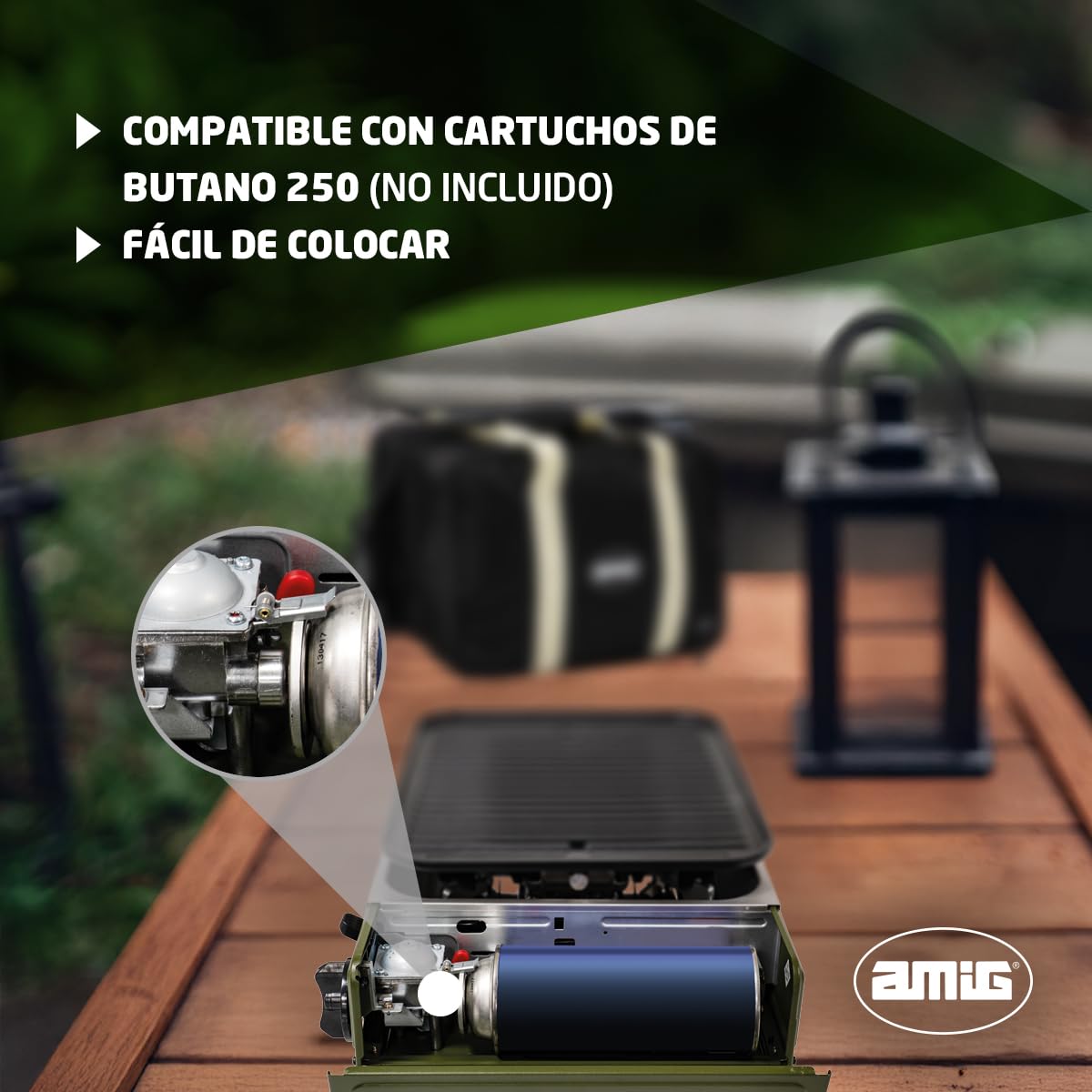 Amig - Camping Gas - Cocina Portátil - Hornillo Grill - Parrilla De Fundición De Aluminio - Con Bandeja Recoge Grasas De Acero Inoxidable - 1,8 Kw Potencia - Cartuchos B-250