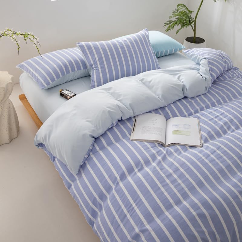 Housse de couette 260x240 à rayures bleues parure de lit microfibre blanche - 3