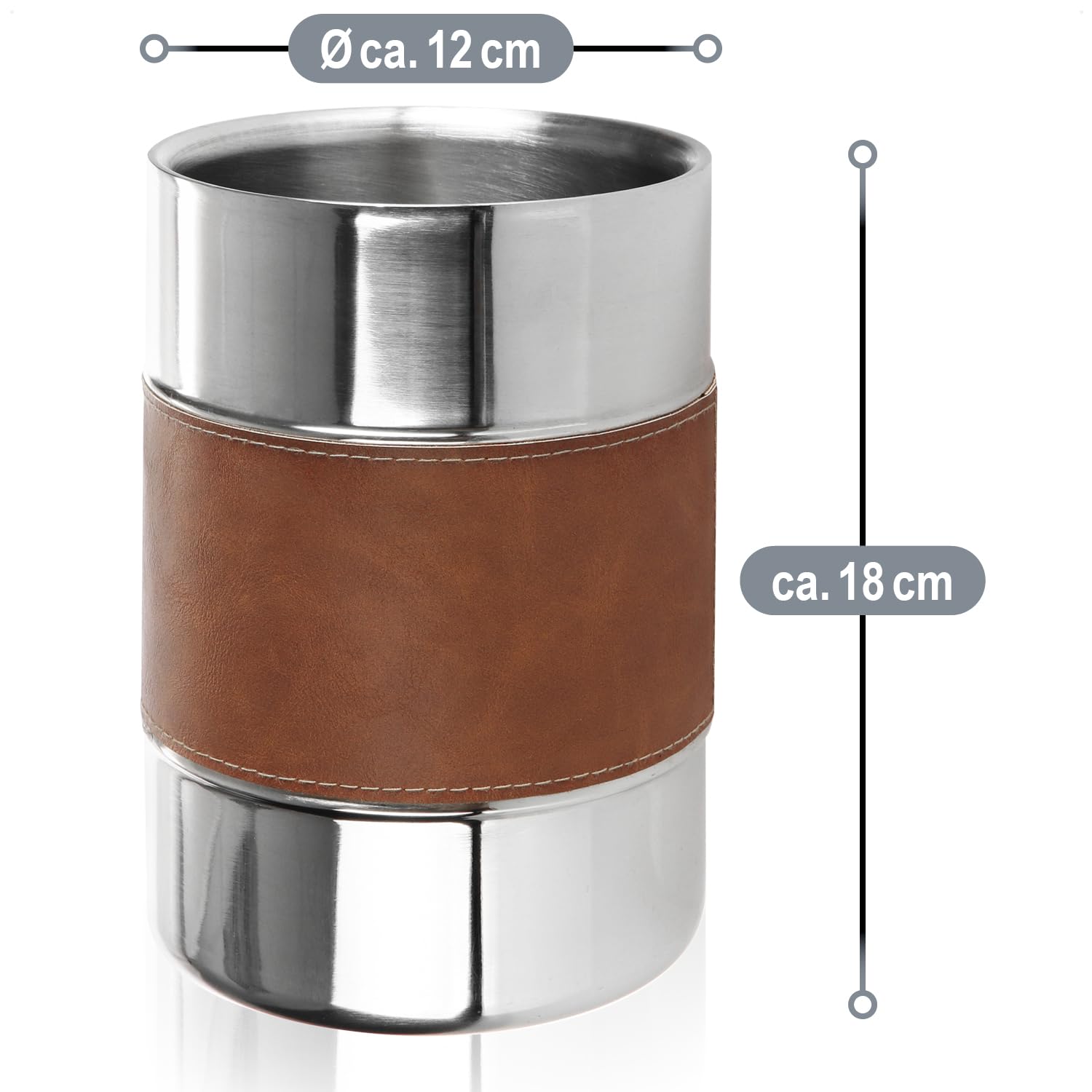 COM-FOUR® Enfriador de champán 6x de acero inoxidable con correa de piel sintética - Enfriador de botellas para vino espumoso y vino - Cubitera de doble pared (6 piezas - plata/marrón)