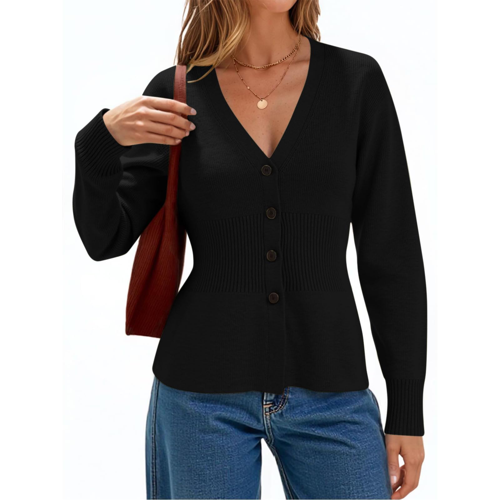 Womens V Neck Cardigan Sweaters Long Sleeve Cinched Waist Knit Tops Dressy Casual Slim Fit Button Up Sweater