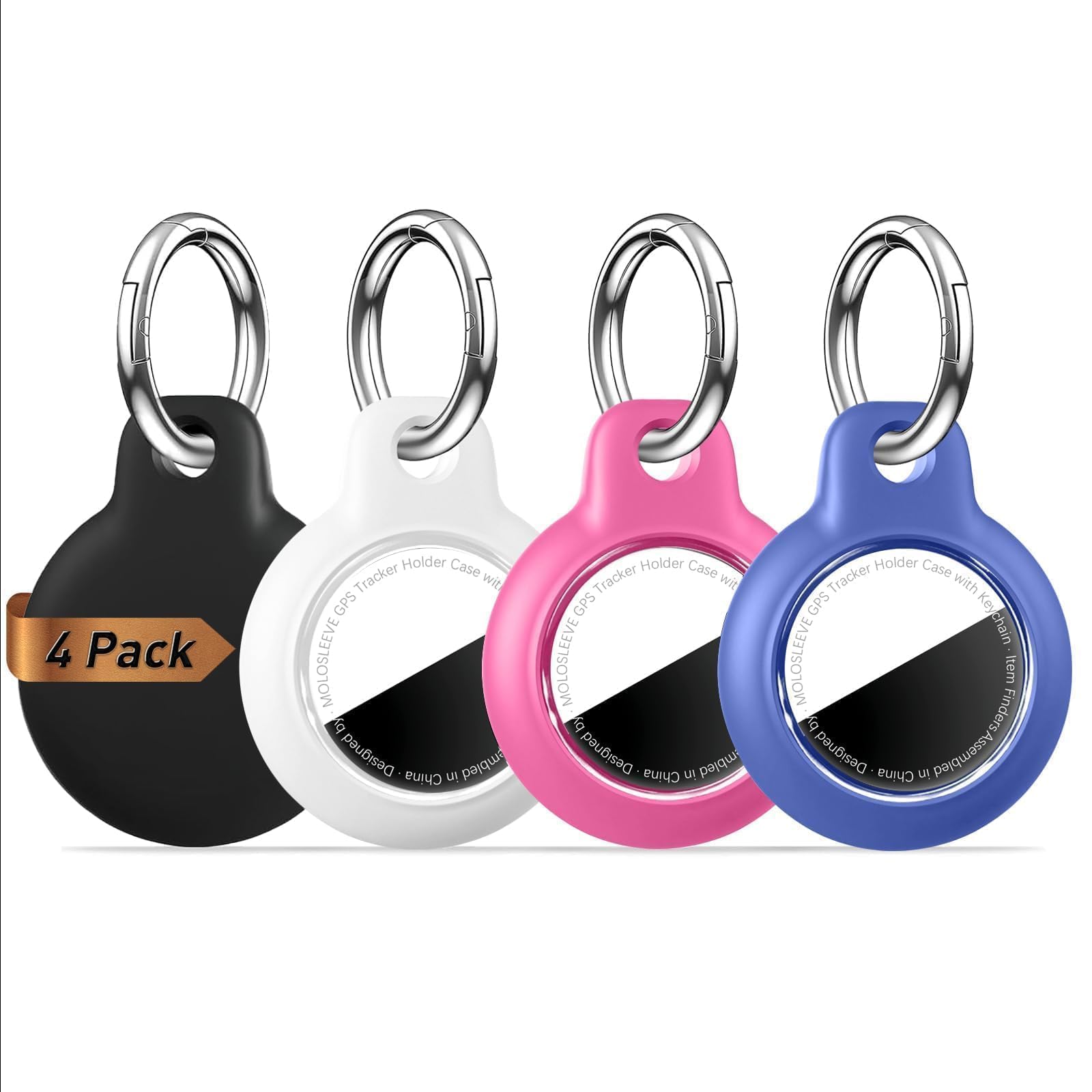 MOLOSLEEVE [4-Pack] Waterproof Case for AirTag 2 (2nd Gen) &amp; 1st, Upgrade Shockproof Holder Keychain for Air Tag, Full Body Protective Cover for Keys, Luggage, Dog Collar, Black/White/Rose Red/Blue