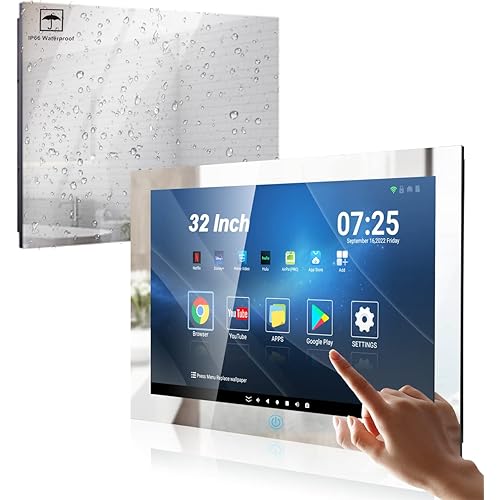 Haocrown 32 Inch Smart Touch Screen Mirror TV for Bathroom 1080P Waterproof TV ATSC Tunner Android 11.0 for Hotel Shower Spa,Built-in Speakers,Wi-fi and Bluetooth,500 cd/㎡ High-Brightness,Model 2024