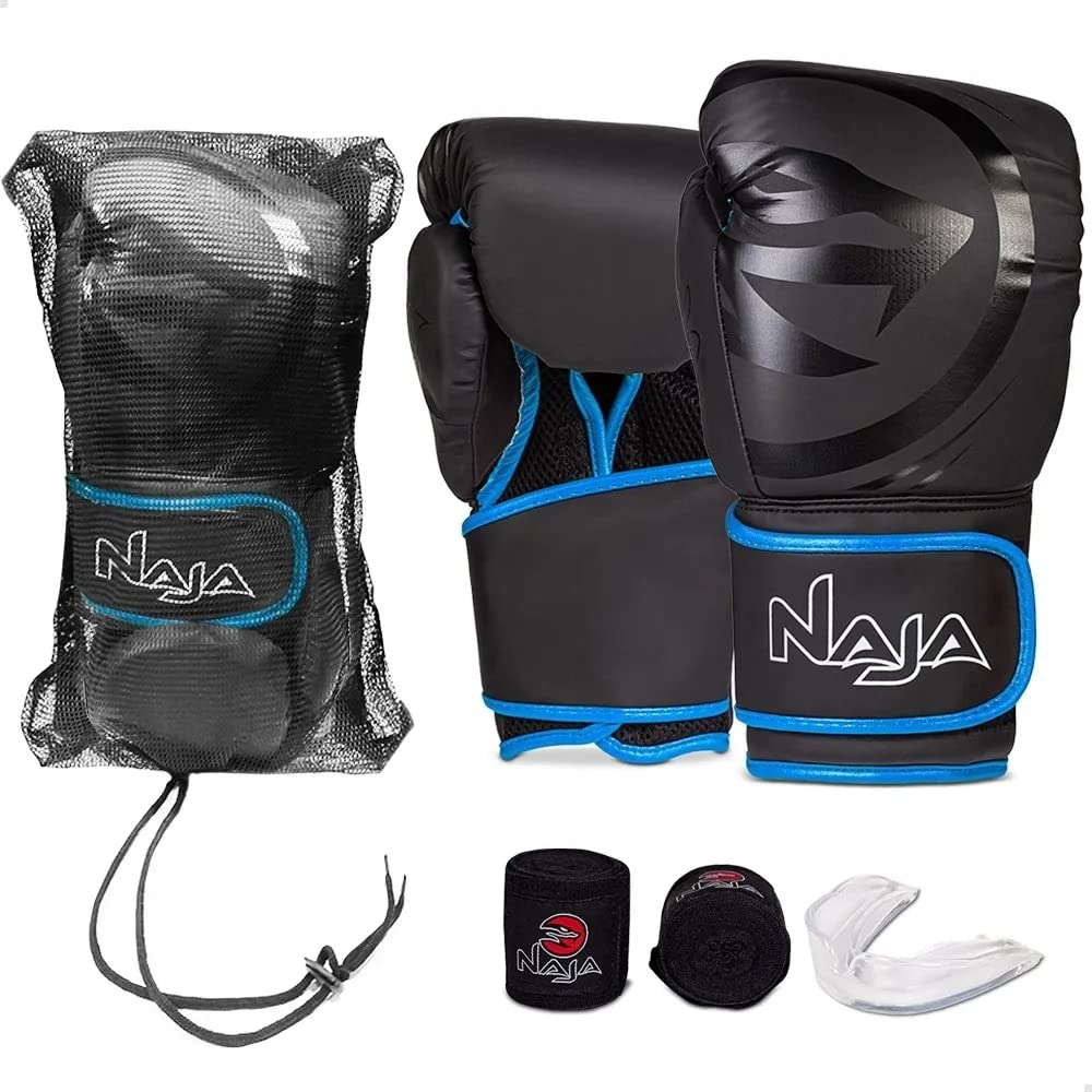 Luva de Boxe e Muay Thai Naja Black Line + Bandagem + Protetor Bucal + Bolsa (16oz, Blue)