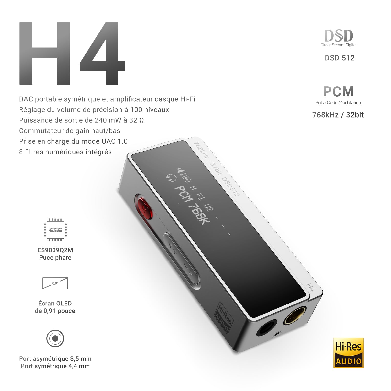 Amplificateur de casque USB-C Portable Hi-Fi AIYIMA H4 avec puce ES9039Q2M