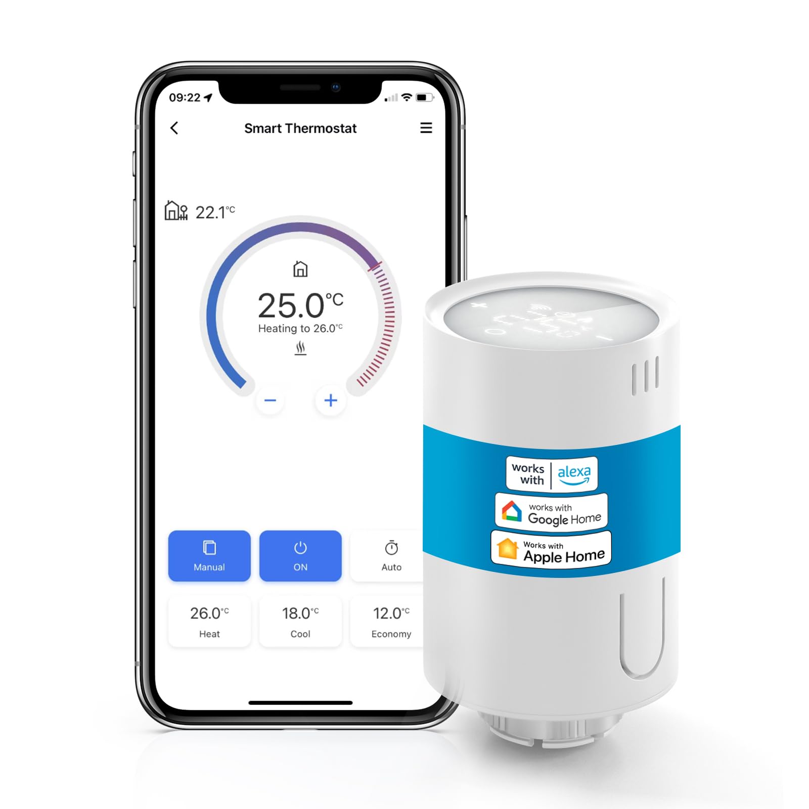 Meross Inteligentny termostat grzejnikowy, wymagany koncentrat, termostat ogrzewania Wi-Fi, kompatybilny z HomeKit, Alexa i Google Assistant, sterowanie głosem, harmonogramy automatyzacji, wykrywanie