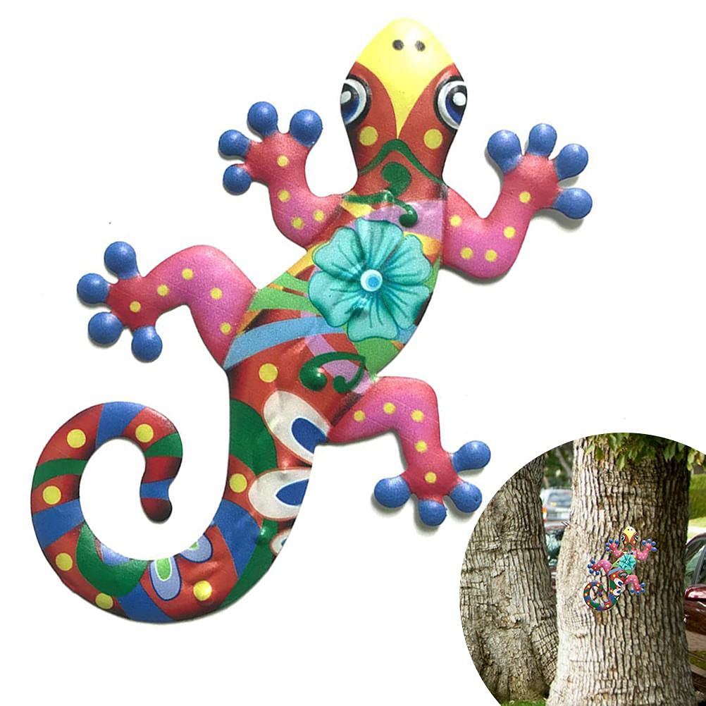 TOPINCN Metal Gecko Wall Decor, Lizard Outdoor Decor Artwork Outdoor Hanging Ornament Lizard Wall Sculptures Statues Office Garden Trees Fences Porches (red)