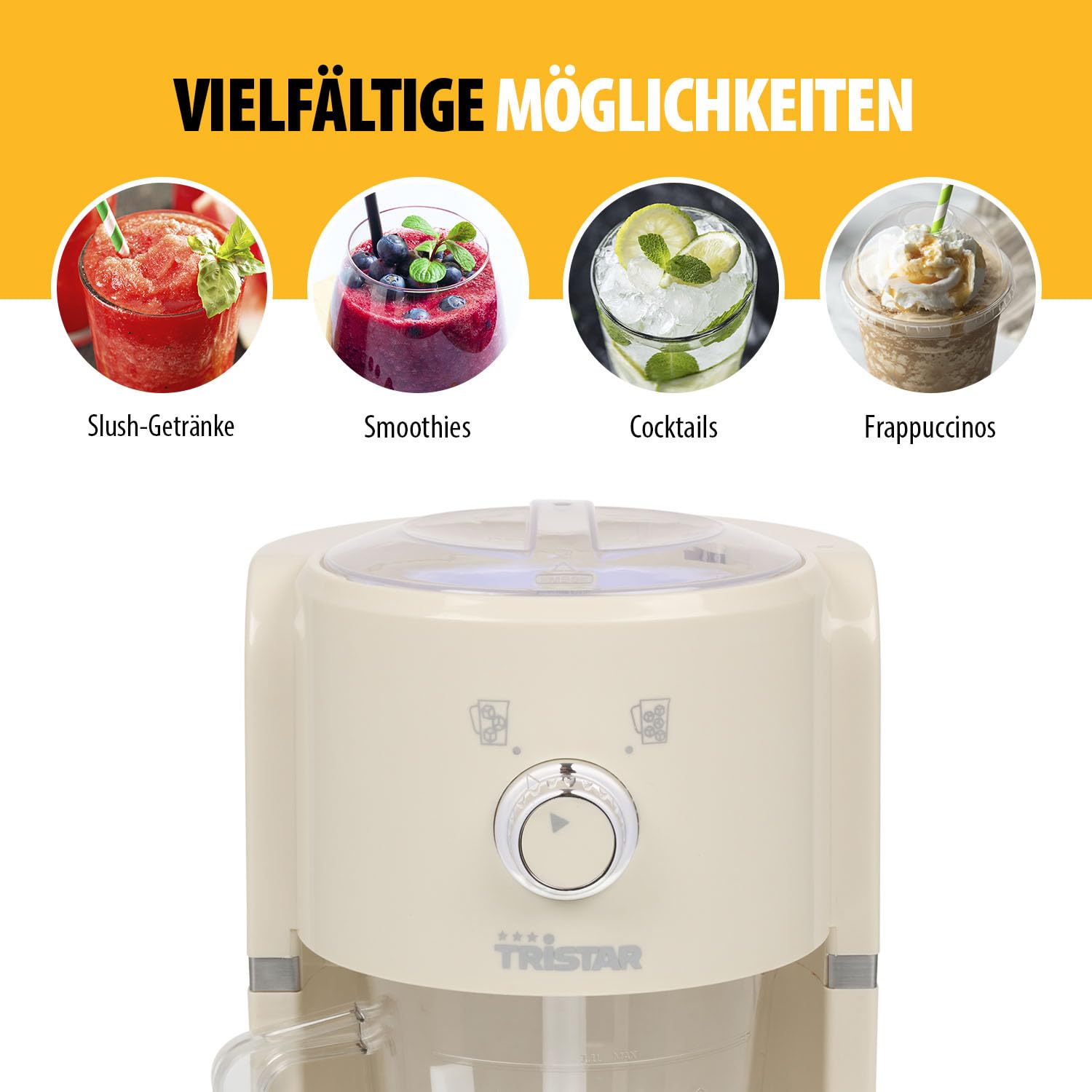 Tristar Slush-Maschine - 2 Größen Crushed Ice - 250 g pro Minute - 1,1 L Kanne - 600 ml Eisfach - KD-7310