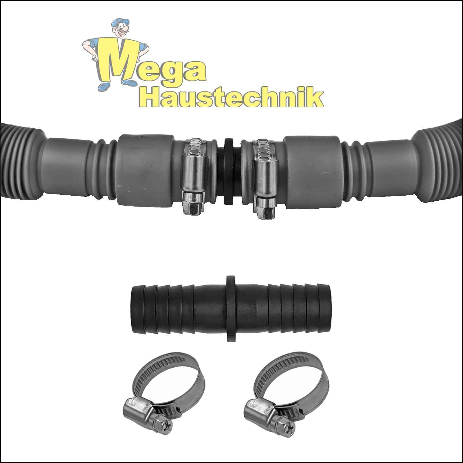 MegaHaustechnik Ablaufschlauch-Verlängerung ausziehbare Länge 90 bis 300cm, Innendurchmesser 20mm ¾ Zoll, Set mit 2 Edelstahl Schlauchschellen und Verbinder für Waschmaschine Geschirrspüler
