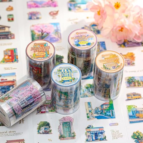 Alideco 4個 マスキングテープ かわいいロレトロな街並み 透明な耐水性 インク PET 粘着 テープ 広幅 DIY おしゃれ マステ シール (chengshimanyouji)