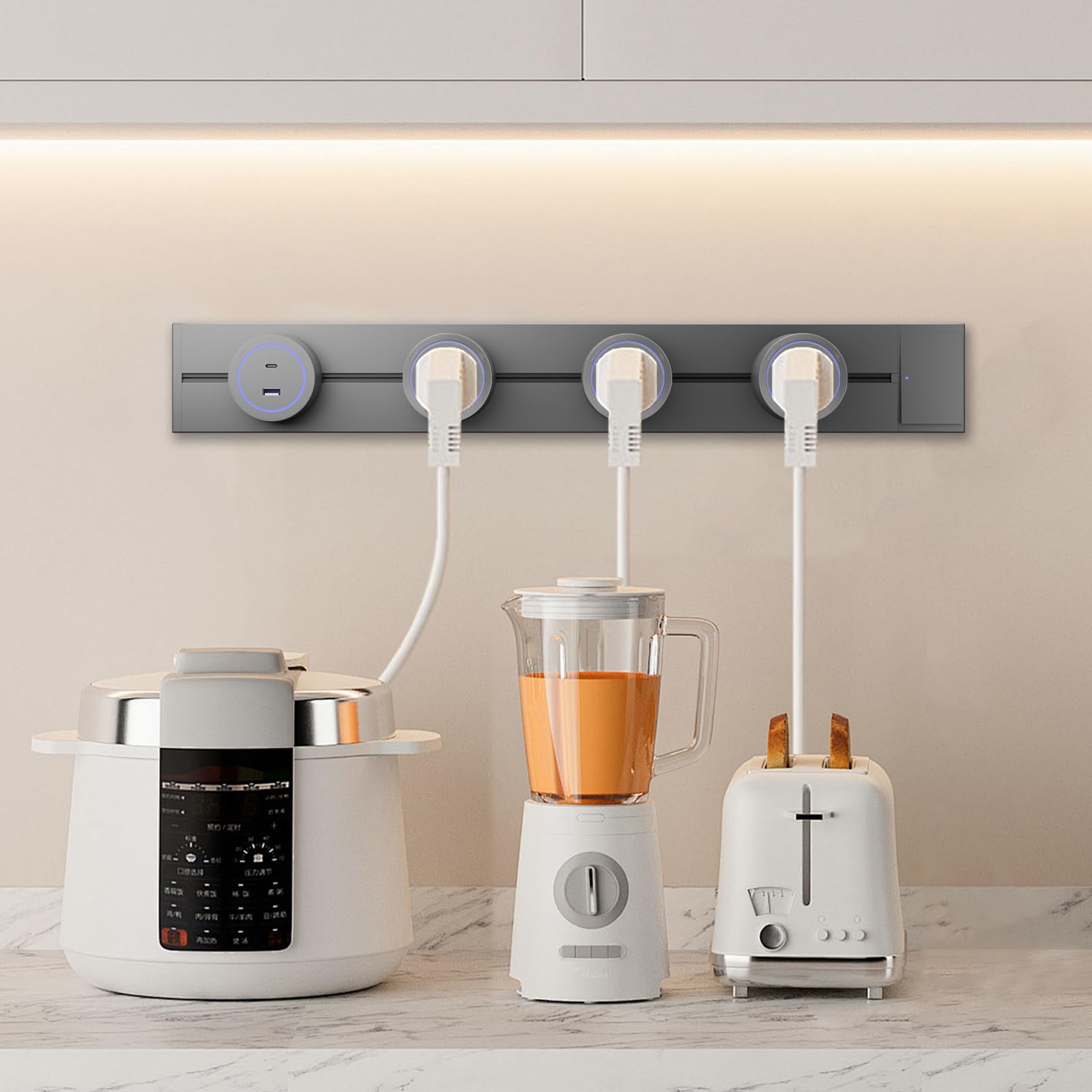CNBINGO Toma de pista, enchufes eléctricos con 4 adaptadores, riel de enchufe de pared de 60 cm con interruptor para hogar, oficina, cocina, color gris
